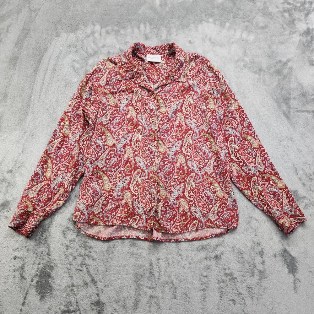 Liz Claiborne Shirt Womens Size S Red Paisley Floral Rayon Button Up Long Sleeve